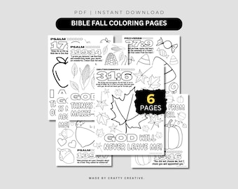 Puede incluir: Páginas para colorear de otoño bíblicas, descarga instantánea en PDF. Presenta 6 páginas para colorear con temática otoñal con versículos bíblicos e ilustraciones de hojas, maíz y calabazas. Texto: "¡Dios nunca me dejará!"