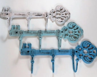 Cast Iron Skeleton Key Keyholder, Rustic 3-Hook Wall Mount, Vintage-Inspired Organizer