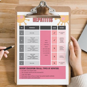May include: A clipboard with a printed chart titled "Hepatitis" is held by a person. The chart details types, transmission, vaccine, and treatment. The chart includes patient education guidelines. A pencil and laptop are also visible.