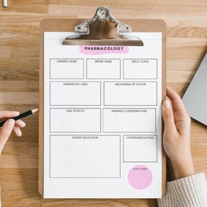 May include: A white clipboard with a brown clip, labeled "PHARMACOLOGY" in pink lettering. The clipboard is divided into sections with headings for "Generic Name", "Brand Name", "Drug Class", "Therapeutic Uses", "Mechanism of Action", "Side Effects", "Nursing Considerations", "Patient Education", and "Contraindications".