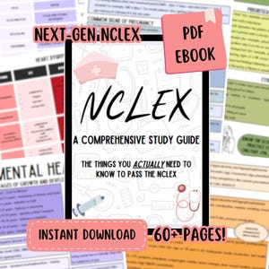 May include: A pink and white digital download cover for a study guide for the NCLEX exam. The cover features a nurse's cap, a syringe, and the text "Next-Gen NCLEX", "NCLEX", "A Comprehensive Study Guide", "The things you actually need to know to pass the NCLEX", "Instant Download", and "60+ Pages!"
