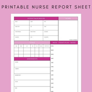May include: Printable nurse report sheet with sections for patient background, IV site, vitals, assessments, medications, and notes. The sheet is designed for use by nurses to document patient care.