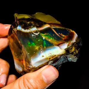 May include: A raw, unpolished opal gemstone featuring a dark, translucent base with vibrant flashes of green, orange, and yellow play-of-color. The stone has a jagged, irregular shape with smooth, glossy surfaces and distinct white mineral layers.
