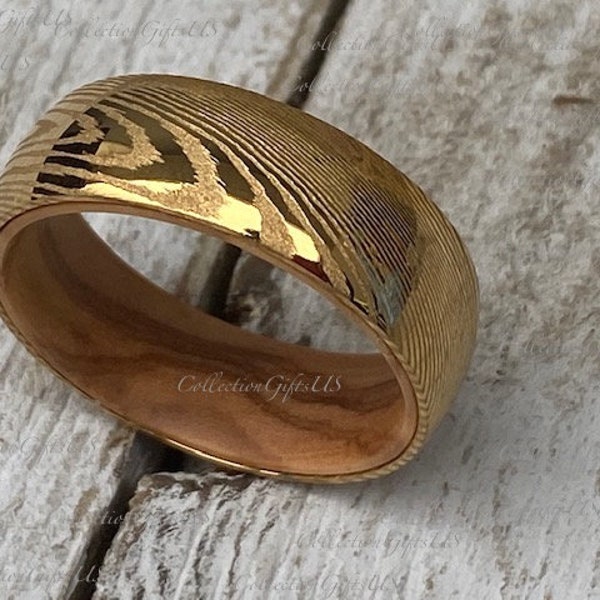 GOLDSUNG- Mens Damascus Steel Gold Wedding Engagement 8mm Bands with Olive wood Inlay Premium Bands Best Rings Manly Bands