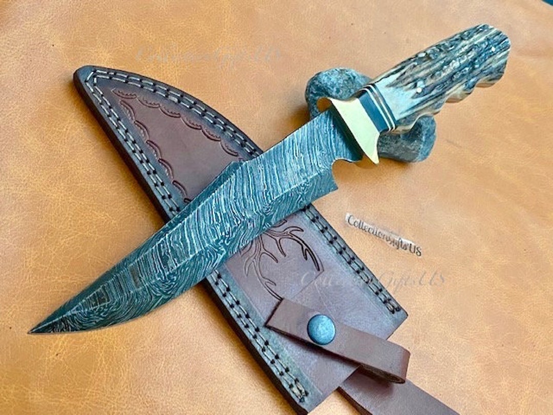 Premium Damascus Steel Hunting Knife with Stag Horn Grip - 10