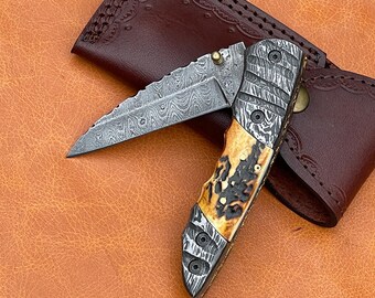 THREADER- Hand Forged Damascus Steel Hand Engraved Stag Horn Folding Knife Gifting Knife Groomsmen Gifting Knife 8" Solid Camping Knife