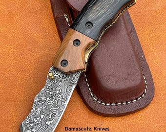 BISCUIT-Handmade Custom Damascus Steel Folding Knife Olive wood Colored wood Handle camping knife birthday gifting knife