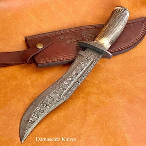 Hand forged Damascus Steel Ladder Pattern with Stag Horn Handle Bowie Knife Gifting Bowie Knives