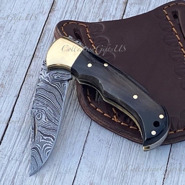 MINI-Buffalo Horn EDC knife Damascus Steel compact pocket folding knife with Brass bolster Groomsmen gift Best gifting knife camping knife