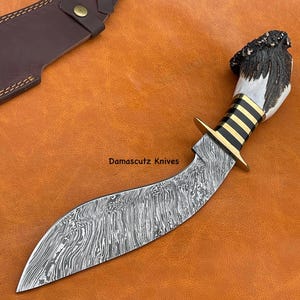 Damascus Stag Crown Kukri Brass Bull Horn Hunting Knife 15" Fixed Blade Hunting Knife Great Gifting Knife