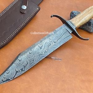 OLIVE - Coltello Bowie con impugnatura in legno di ulivo a codolo intero, 15+" Coltello Bowie grande, coltello da caccia con fodero in vera pelle