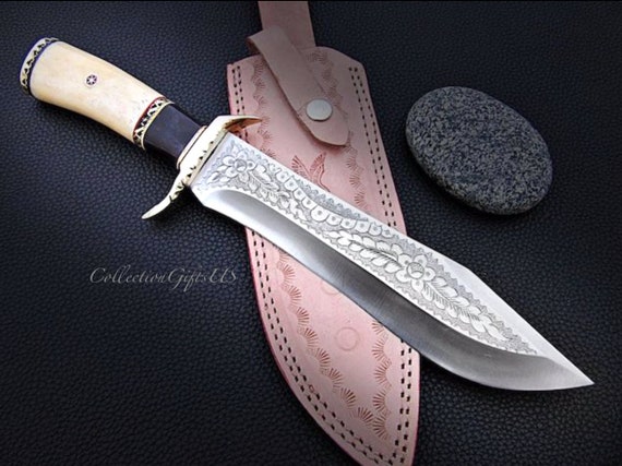 NOBLE- Hand Custom Made D2 Steel Hunting Knife Buffalo Horn Camel Bone Mosaic Handle Best Gifting Knives Holiday Gifts Collectible Knives