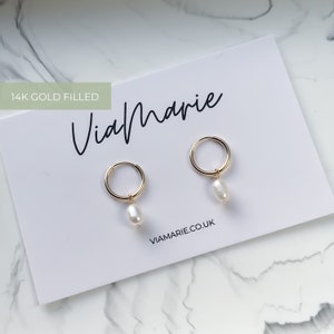 PEARL HOOPS - 14k gold filled - freshwater Pearl small huggies hoop earrings