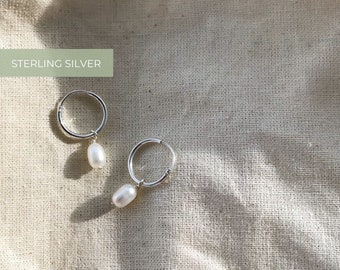 PEARL HOOPS - 925 Sterling silver & freshwater pearls - small dainty huggies