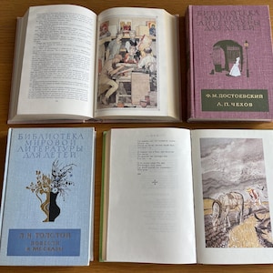 May include: A collection of six vintage hardback books with blue, white and pink covers. The books are part of a series called "Library of World Literature for Children". The titles include "L.N. Tolstoy Stories and Tales", "F.M. Dostoevsky and A.P. Chekhov", and "Stories and Tales".