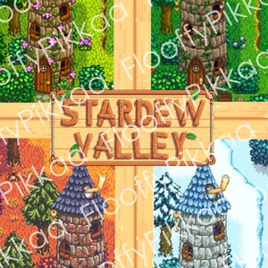 May include: A collage of four images showing a stone tower with a green roof in different seasons. The tower is surrounded by trees and bushes. The images are arranged in a grid pattern. The text "Stardew Valley" is written on a wooden sign in the center of the collage.