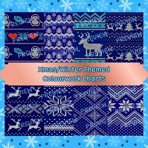 May include: A set of eight digital colourwork charts featuring various winter and Christmas themed designs. The designs include reindeer, snowflakes, penguins, and trees. The charts are in a blue and white colour scheme.