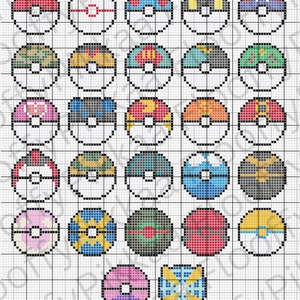 All 27 Pokeballs Cross Stitch PATTERN ONLY 21cm x 25cm