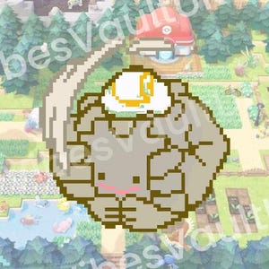 May include: Pixelated illustration of a gray creature with a smiling face and a cracked, rocky texture. It has a white egg-like shape on its head with a yellow yolk. The background shows a cartoon landscape.