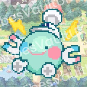 May include: Pixelated illustration of a cartoon character with a light green body, pink cheeks, and a white hat. The character has blue and white arms and legs, and yellow star-shaped accents. The background features a pixelated landscape.