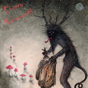 May include: A dark, furry creature with antlers and a long tongue carries a child in a brown sack. The creature is standing on a snowy ground with red mushrooms and skulls scattered around. The text "Merry Christmas!" is written in red at the top of the image.