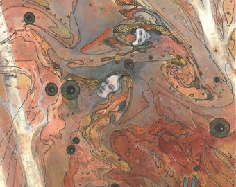 May include: An abstract painting with a warm color palette of oranges, browns, and grays. The artwork features stylized figures with long hair, floating in a fluid environment. Black outlines and circular details add contrast. A hand reaches up from the bottom right.