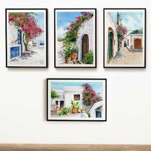 Cartoline mediterranee ad acquerello, confezione da 4 cartoline a tema con strade delle città del Mediterraneo, stampate su carta di alta qualità