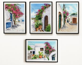 Mediterranean postcards in watercolor, pack of 4 postcards themed with streets of Mediterranean cities, printed on high quality paper