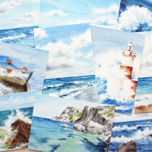 Postales marinas tamaño A6, pack de 4 postales de marinas hechas en acuarela, impresas en papel de alta calidad