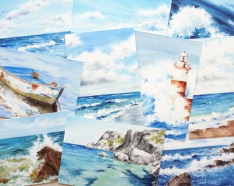 A6 size marine postcards, pack of 4 postcards of marinas made in watercolor, printed on high quality paper