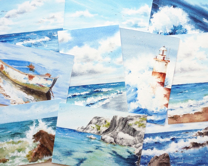 A6 size marine postcards, pack of 4 postcards of marinas made in watercolor, printed on high quality paper Personalizado