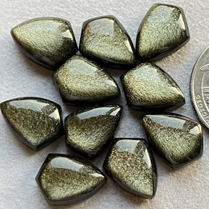 Può includere: Una collezione di pietre preziose di ossidiana lucidata a forma di scudo con una lucentezza metallica. Le pietre sono principalmente verde scuro con inclusioni dorate riflettenti. Le pietre sono disposte su una superficie grigio chiaro.