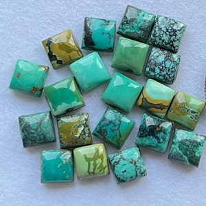 May include: A collection of 16 square-shaped turquoise cabochons in various shades of blue and green. Some stones have a brown matrix.