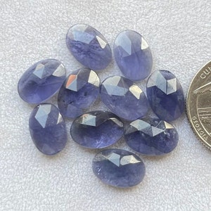 Può includere: Dieci pietre preziose ovali sfaccettate in tonalità di viola e blu. Le pietre sono disposte in una pila su una superficie bianca.
