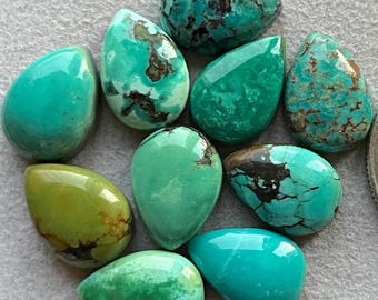 May include: Ten teardrop-shaped turquoise cabochons in various shades of green and blue. Some stones have black matrix.