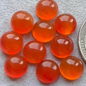 Puede incluir: Una colección de diez piedras preciosas redondas y pulidas de color naranja rojizo. Las piedras tienen una superficie lisa y brillante y varían ligeramente en intensidad de color. Las piedras preciosas están dispuestas sobre una superficie gris claro, con una moneda visible en el fondo.