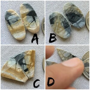 May include: Four images showcasing natural stone cabochons. The stones have a mix of tan, gray, and black colors with unique veining patterns. The cabochons are oval and triangular shapes, suitable for jewelry making or crafts.
