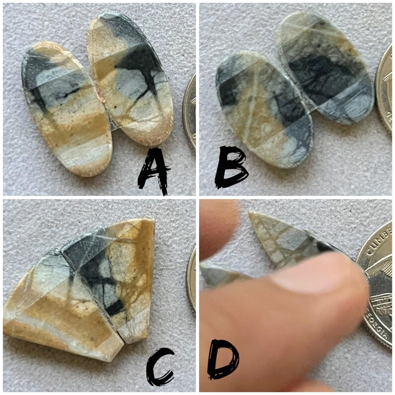 May include: Four images showcasing natural stone cabochons. The stones have a mix of tan, gray, and black colors with unique veining patterns. The cabochons are oval and triangular shapes, suitable for jewelry making or crafts.