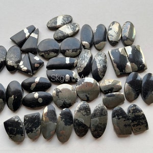 May include: A collection of 20 black and silver pyrite cabochons, some oval shaped, some rectangular, and some triangular. The stones have a natural, rough texture.