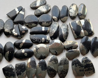 May include: A collection of 20 black and silver pyrite cabochons, some oval shaped, some rectangular, and some triangular. The stones have a natural, rough texture.