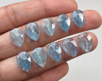 10 x 14 mm Aguamarina natural con forma de pera, cianita, corte rosa - Piedra preciosa de corte rosa de alta calidad con parte posterior plana, lote de 10 piezas para la fabricación de joyas, colgantes,