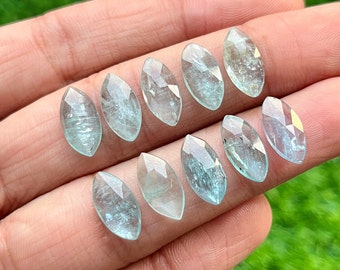Nueva piedra preciosa de cianita aguamarina tallada en rosa de 7 x 14 mm con forma de marquesa, parte posterior plana y corte rosa de alta calidad, lote de 10 piezas para la fabricación de joyas.