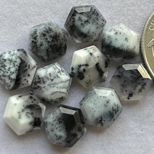 May include: A collection of faceted, hexagonal gemstones. The stones are primarily white with intricate black and gray dendritic patterns. The gemstones are arranged closely together, with a coin visible in the background for size reference.