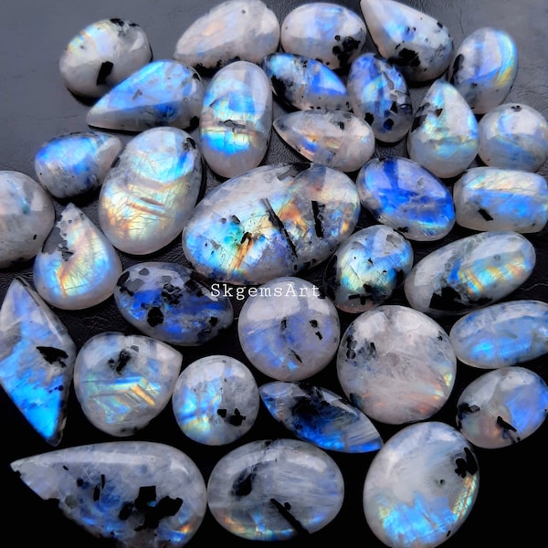 Wholesale Rainbow Moonstone With Black Tourmaline Dot Cabochon Loose Gemstone For Jewelry Making