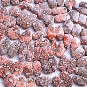 May include: A collection of 30 oval-shaped, polished, red, brown, and white jasper cabochons. The cabochons have a unique, swirling, and marbled pattern.
