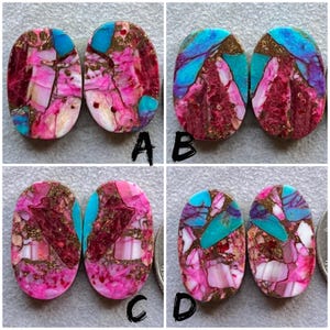 May include: Four oval-shaped cabochons of pink, red, blue, and gold mosaic stone. The stones are arranged in pairs, labeled A, B, C, and D.