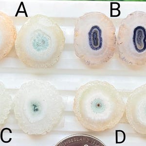 May include: Eight circular agate slices arranged in four pairs labeled A, B, C, and D. The slices feature concentric rings in shades of pale peach, white, mint green, and deep purple. A US quarter coin is visible at the bottom for scale.