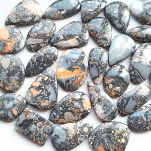 May include: A collection of 25 natural gemstone cabochons in a teardrop shape. The stones are a mix of black, gray, and brown with a speckled pattern. The stones are approximately 1 inch in length.