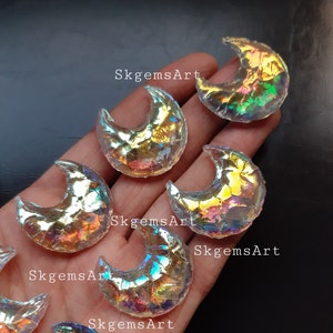 Angel Aura Titanium Coated Moon, Aura Opalite Rainbow Coated Quartz Moon Metaphysical Titanium Coated Aura Crystal for Jewelry