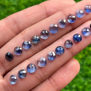 May include: A collection of 17 faceted round blue sapphires of varying shades, arranged in a gradient from light to dark blue.